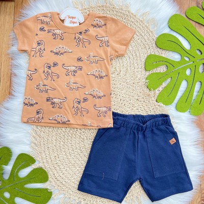  Conj. Camiseta Dinossauros Raw e Bermuda - Areia e Marinho